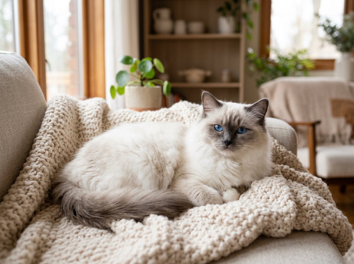 Fluffy white cat resting comfortably on a soft blanket